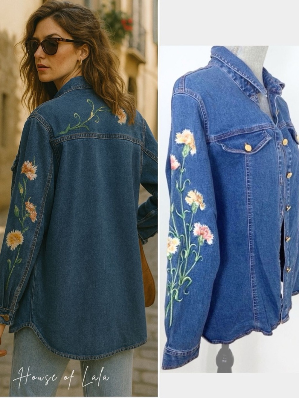 Bob Mackie Blue Denim Jacket with Floral Embroidery. Boho Vintage 90s minimalist